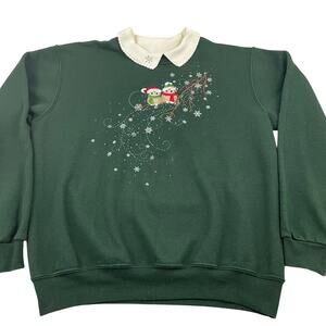 VTG Top Stitch Christmas Owls Collared Sweatshirt size L Green Embroidered